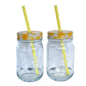 Lemonade Glasses Set Of 2 With Yellow Floral Screw-On Lids Reusable Straws 16 Oz